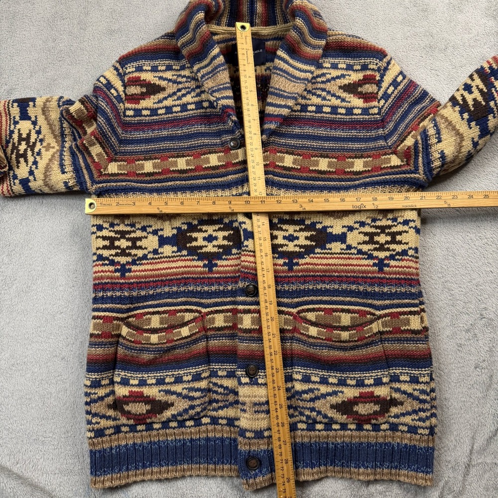 American Eagle Mens Large Southwestern Shawl Collar Button Cardigan Sweater Blue - Picture 11 of 13